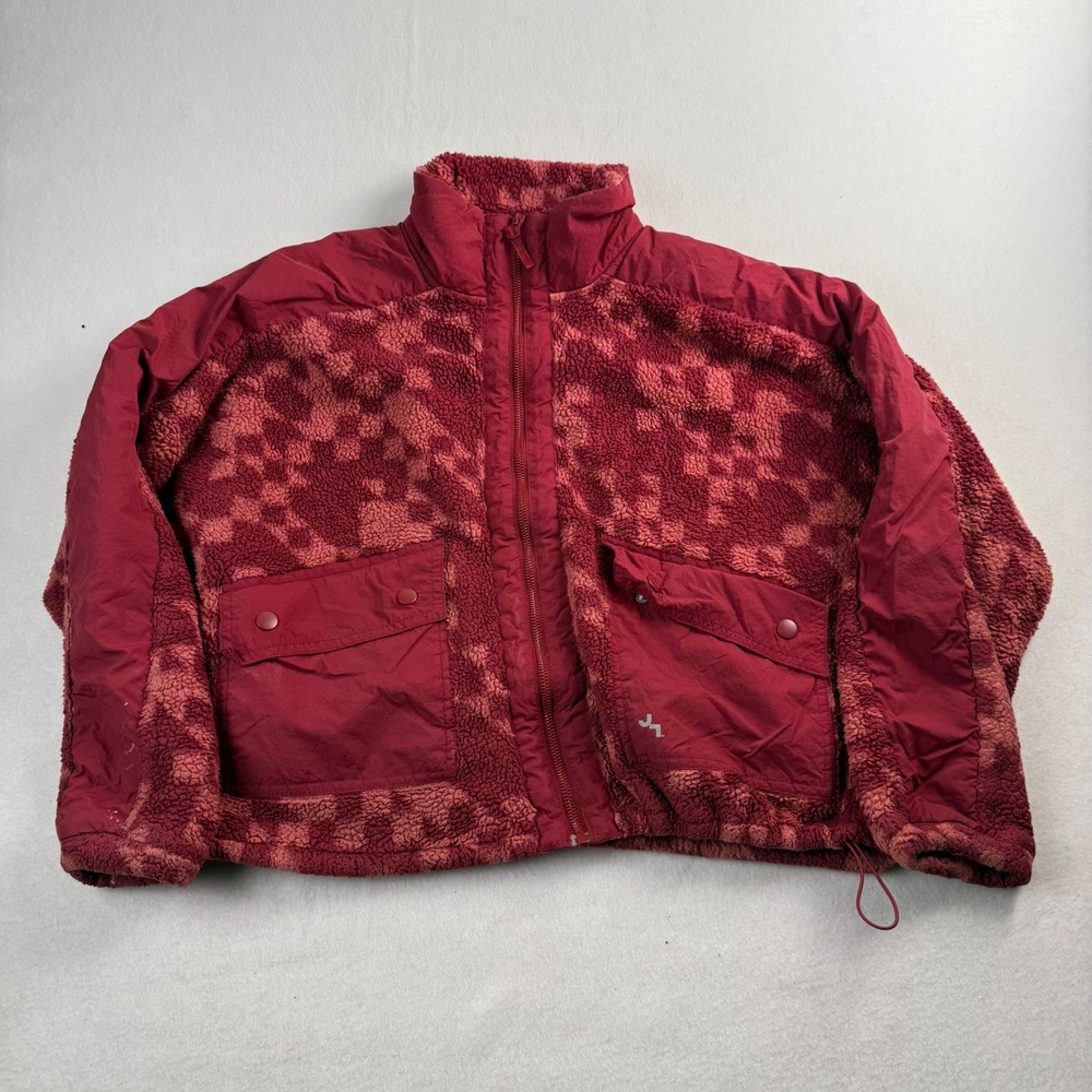 JoyLab Womens Red Checkered Sherpa Fleece Full Zip Jacket XS Cropped Utility
